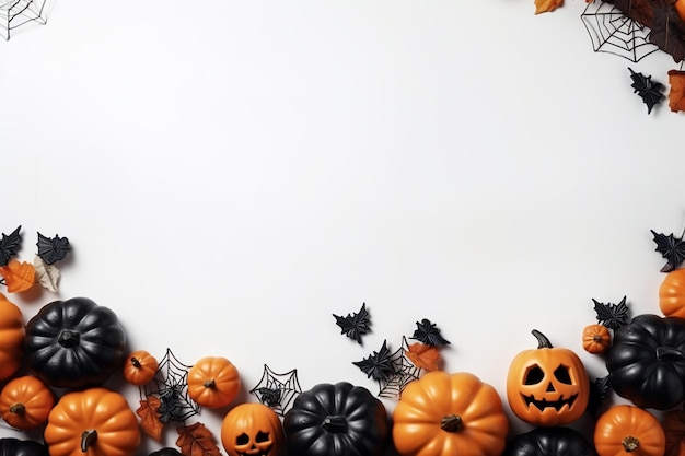 Halloween background with pumpkins spiders and bats on white background