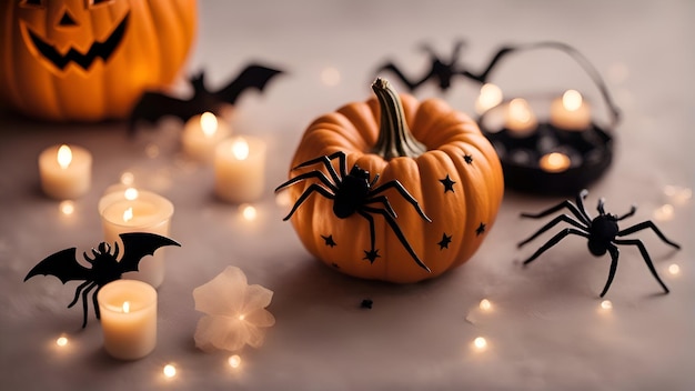 Halloween background with pumpkins spiders and candles on white background