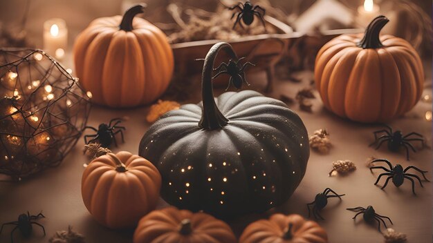 Halloween background with pumpkins spiders and lights on wooden table