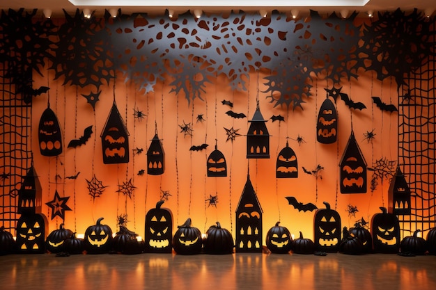 Halloween background with pumpkins spiders spider web and bats