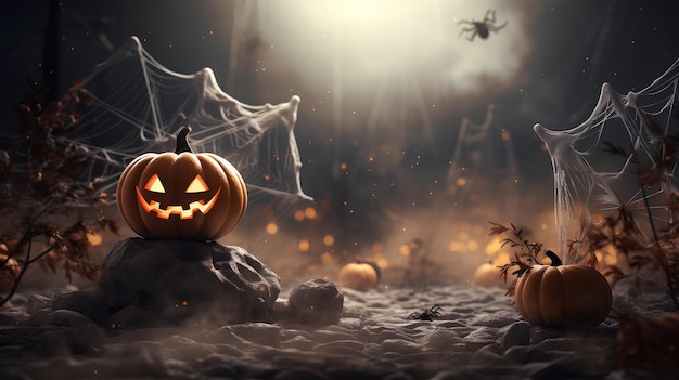 halloween background with pumpkins spiders and spider web in spooky halloween party