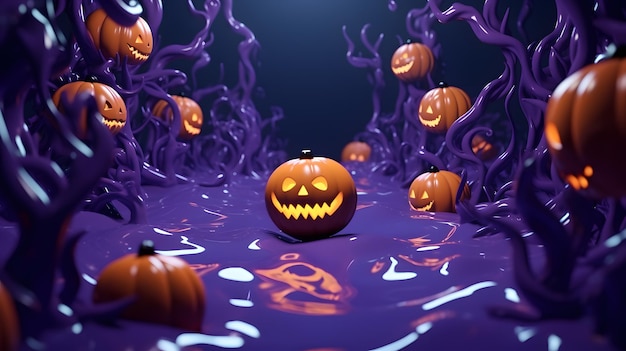 ハロウィーンの背景にカボチャのスイミング プール 3 D イラスト紫色の背景