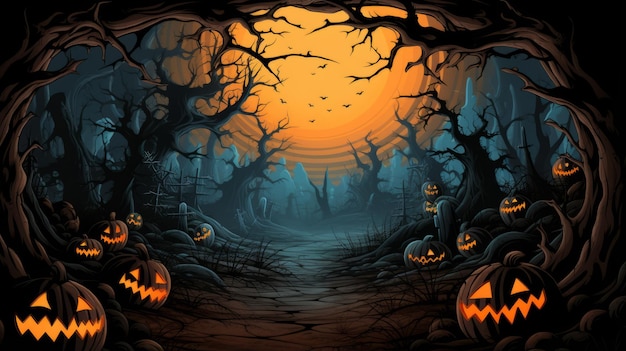 a halloween background with pumpkins and trees