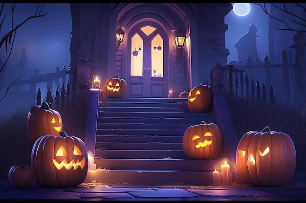 Halloween background with pumpkins watch house and cobwebs 3D visualization