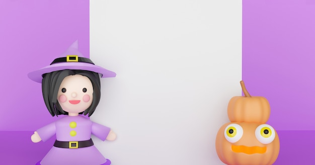 Photo halloween background with pumpkins and witch .3d rendering
