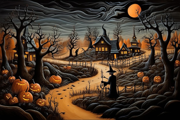 Photo halloween background with pumpkins witch and castle 3d render ai generated