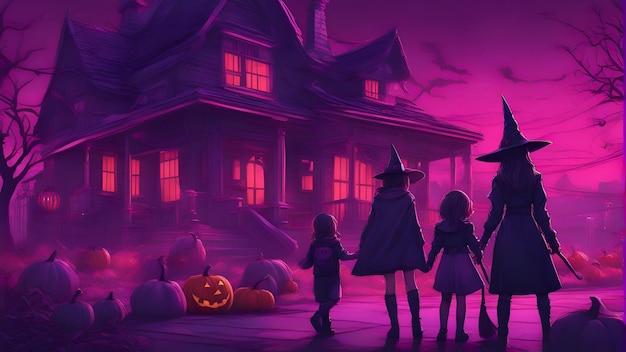 Halloween background with pumpkins and witch in front of haunted house