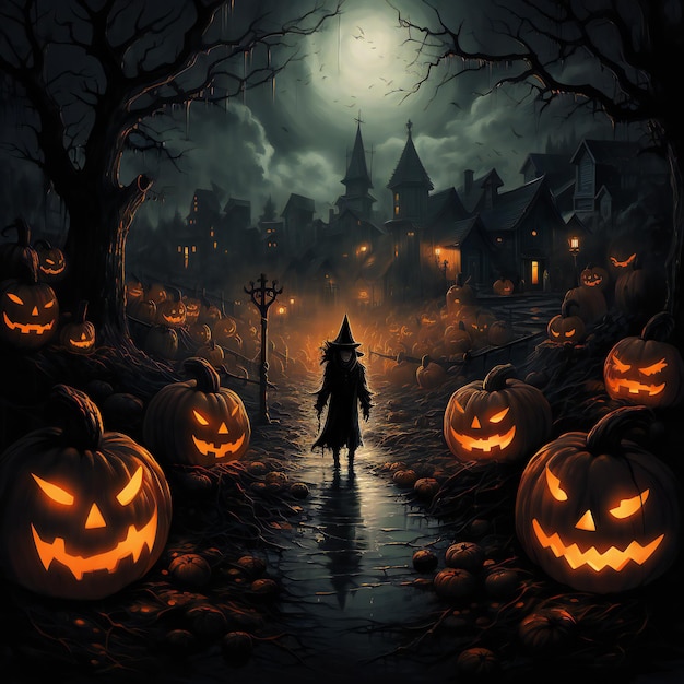 Halloween background with pumpkins witch and a haunted house at night