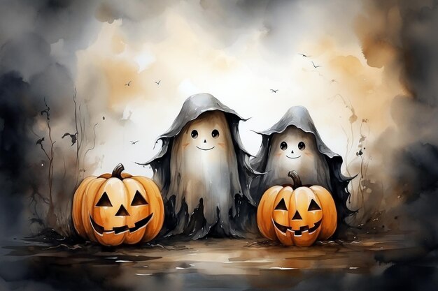 Halloween background with pumpkins and witchs Watercolor drawing