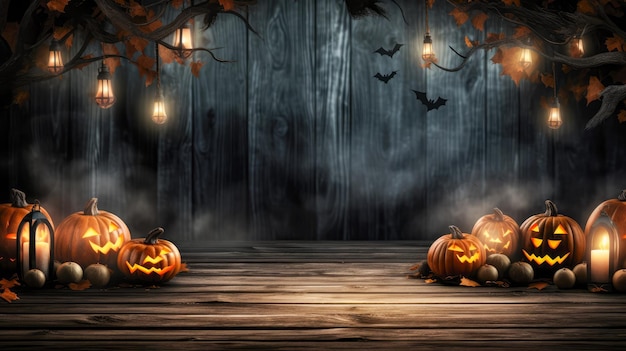 Photo halloween background with pumpkins on wooden floor generative ai