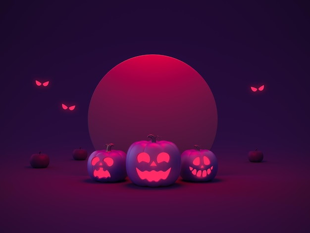 Halloween background with scary faces pumpkins are glowing in dark Black and purple template