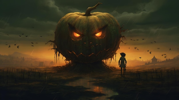 Halloween background with scary pumpkin and little girl