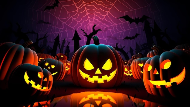 Halloween background with scary pumpkins candles and bats in a dark forest at night