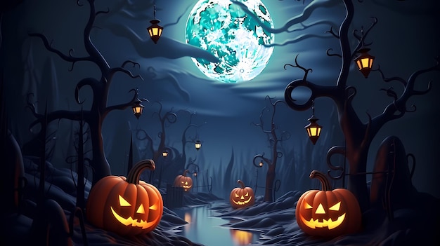 Halloween background with scary pumpkins candles and bats in a dark forest at night