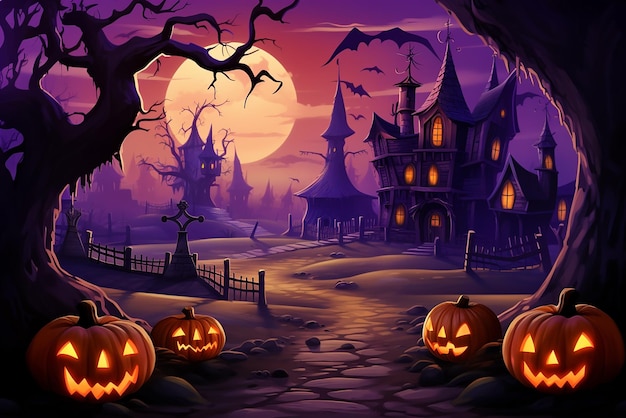 Halloween background with scary pumpkins candles and bats in a dark forest at night