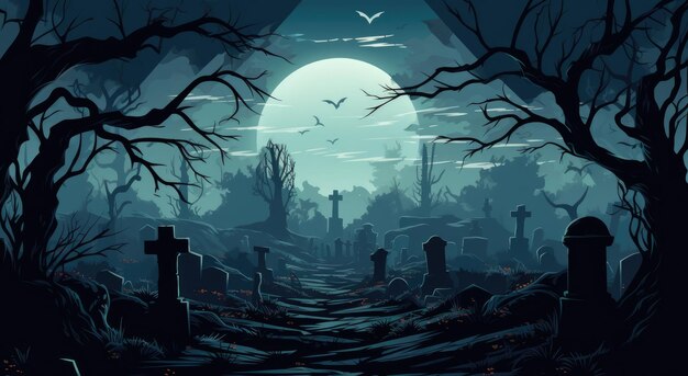 Photo halloween background with scary pumpkins candles in the graveyard at night with a castle background