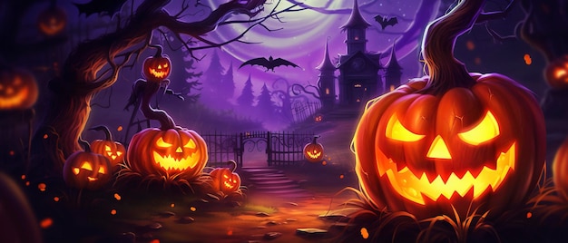 Halloween background with scary pumpkins candles in the graveyard at night with a castle background