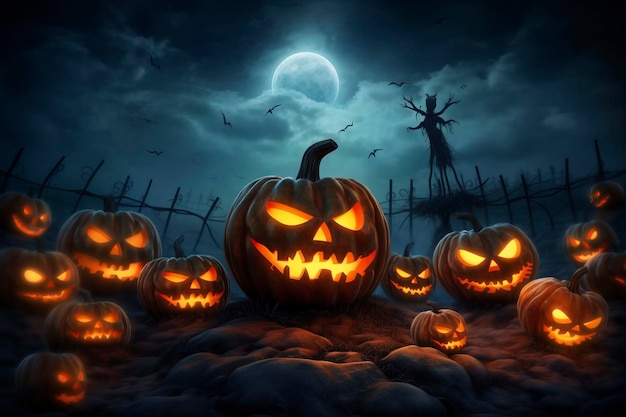 Halloween background with scary pumpkins candles in the graveyard at night with a castle background