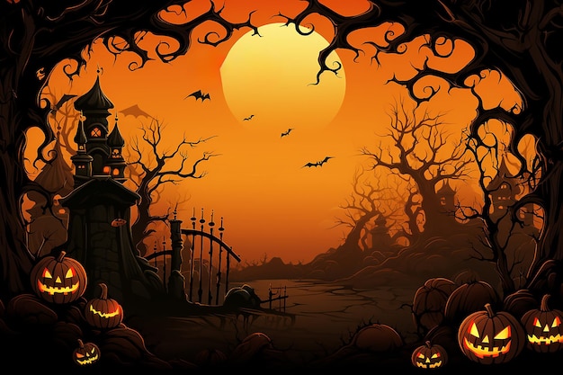 Photo halloween background with scary pumpkins candles in the graveyard at night with a castle background