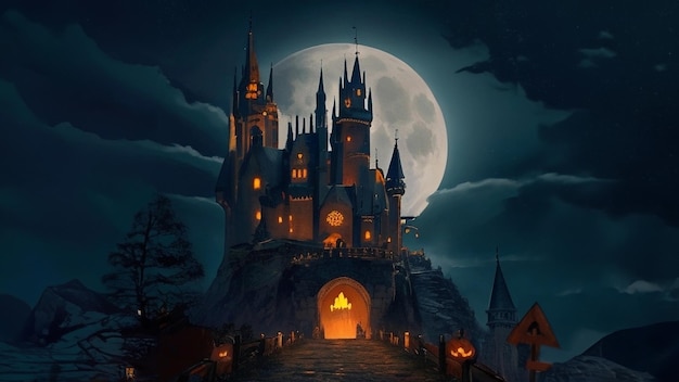 城の背景に夜の墓地に怖いカボチャのキャンドルを持つハロウィーンの背景
