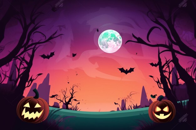 Halloween background with scary pumpkins candles in the graveyard at night with a castle background