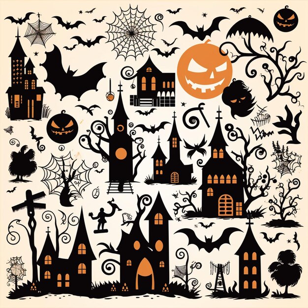 Halloween background with scary pumpkins candles in the graveyard at night with a castle background