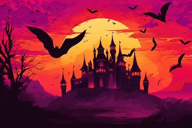 Halloween background with scary pumpkins candles in the graveyard at night with a castle background