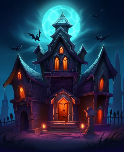 Photo halloween background with scary pumpkins candles in the graveyard at night with a castle background