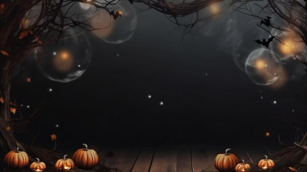 Photo halloween background with scary pumpkins candles in the graveyard at night with a castle background