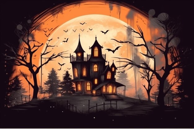 Photo halloween background with scary pumpkins candles in the graveyard at night with a castle background