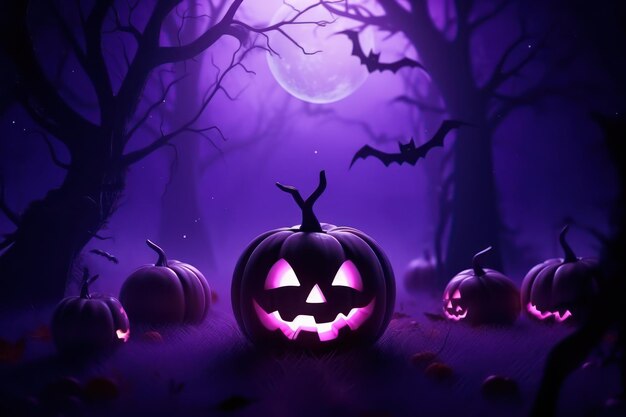 Halloween background with scary pumpkins candles in the graveyard at night with a castle purple back