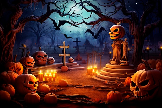 Halloween background with scary pumpkins candles in the graveyard at night