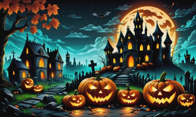 Halloween background with scary pumpkins candles