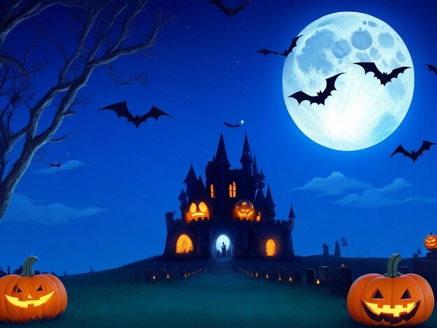 Halloween background with scary pumpkins candles and