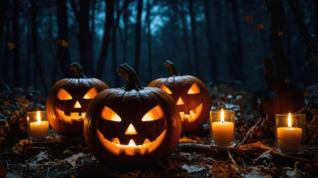 Halloween background with scary pumpkins in a dark forest at night