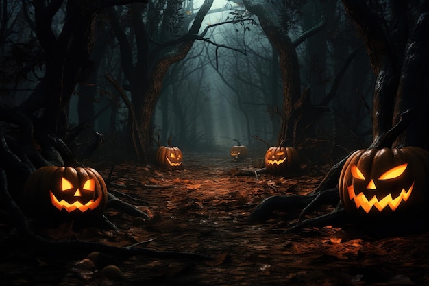 Хэллоуин фон со страшными тыквами в темном лесу