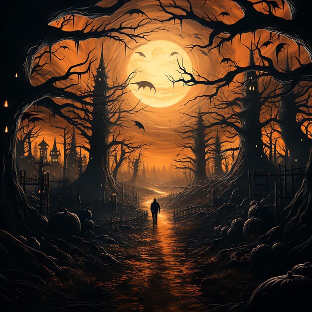 Halloween background with scary pumpkins in forest at night of full moon with a haunted castle house