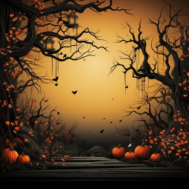 Halloween background with scary pumpkins in forest at night of full moon with a haunted castle house