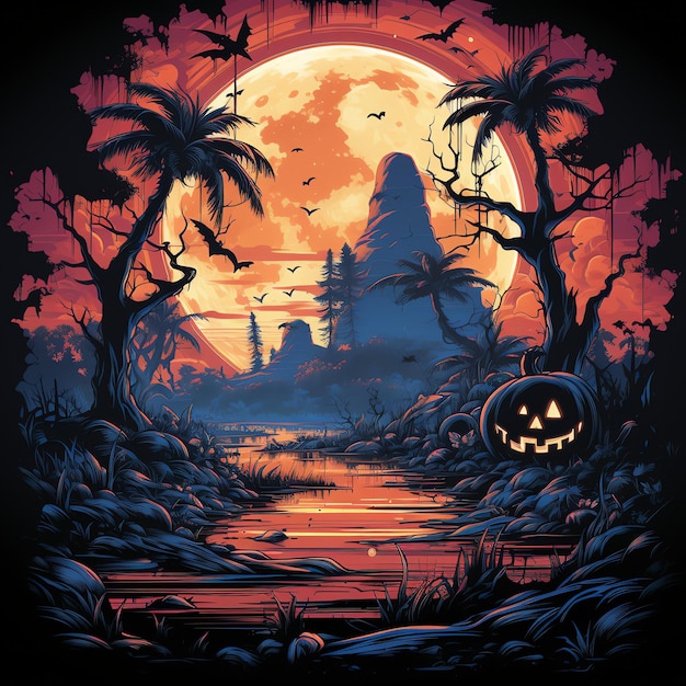 Halloween background with scary pumpkins in forest at night of full moon with a haunted castle house