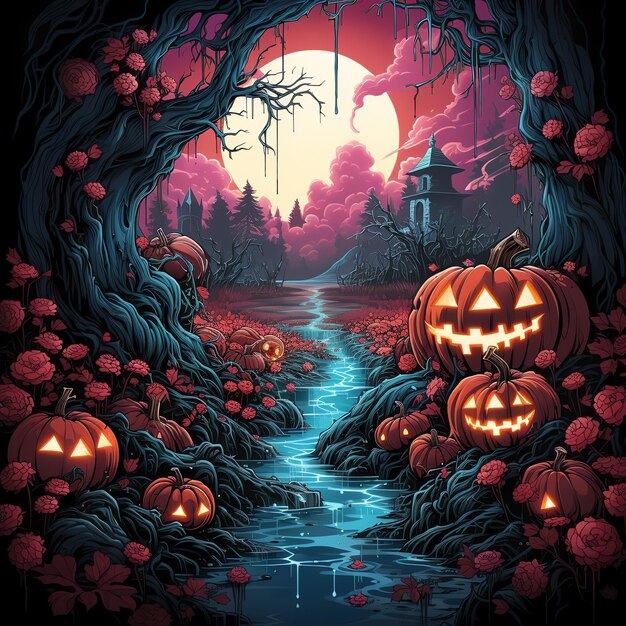 Halloween background with scary pumpkins in forest at night of full moon with a haunted castle house