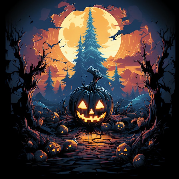 Halloween background with scary pumpkins in forest at night of full moon with a haunted castle house