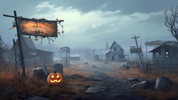 Halloween background with scary pumpkins and house haunted in a dark night