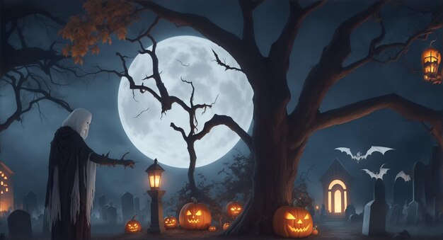 Photo halloween background with scary pumpkins lighting in graveyard at night