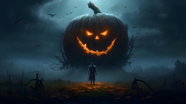 Halloween background with scary pumpkins and scarecrow