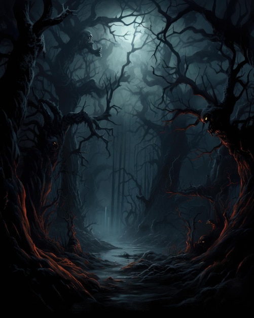 Halloween background with scary spooky dark forest