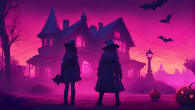 Halloween background with silhouettes of a witch and a girl in front of a haunted house