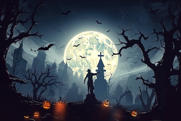 Halloween background with silhouettes of zombies in graveyard bats castle and full moon spooky forest with AIGenerated Images