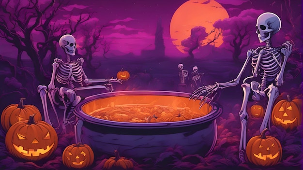 Halloween background with skeleton in a potion cauldron vector illustration