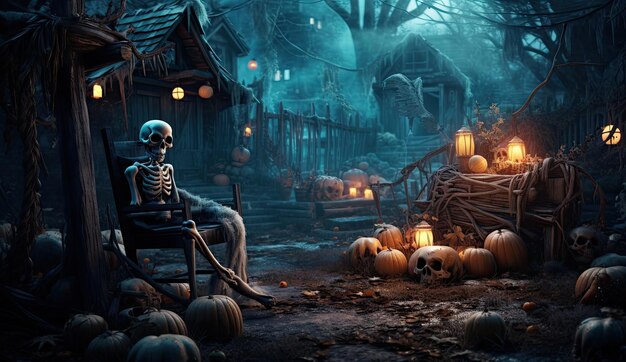 Premium AI Image | Halloween background with skeleton sitting in the ...