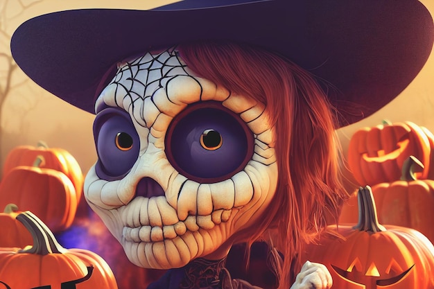 Halloween background with skeletons character and pumpkins 3D illustration